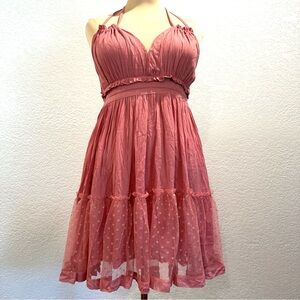 Boho Dress Flowy Ruffled Polka Dot Lace Romantic Tiered Strappy Coral Salmon